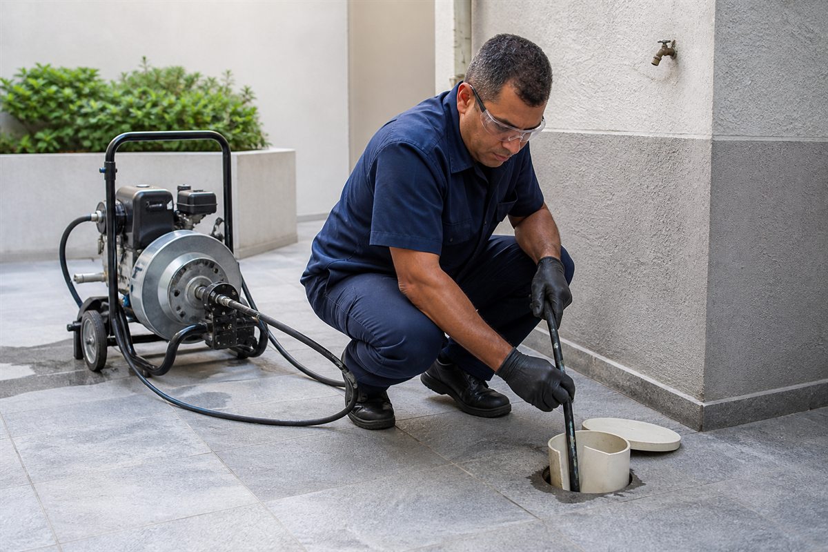 Equipamento de hidrojateamento com jato de água sendo aplicado em tubulação