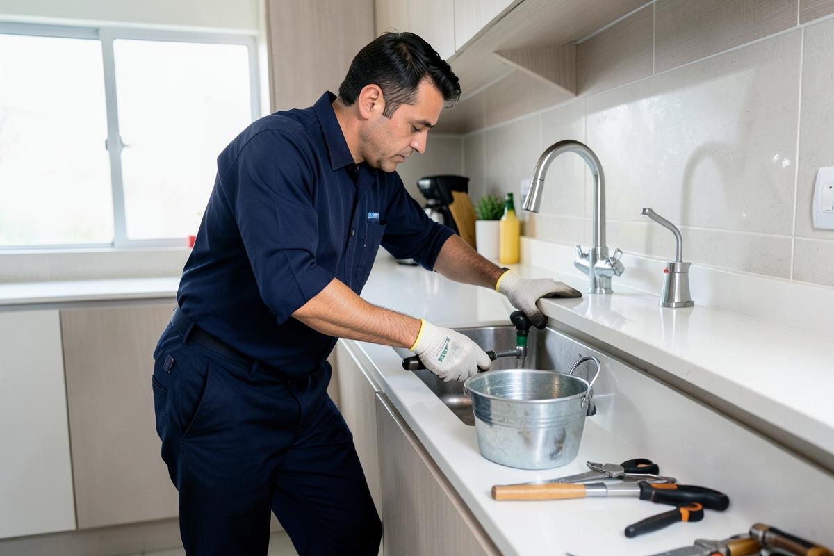 Técnico desentupindo pia de cozinha em residência em Contagem