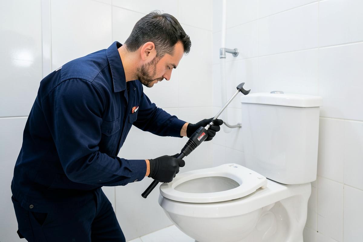 Técnico desentupindo vaso sanitário em banheiro residencial em Belo Horizonte